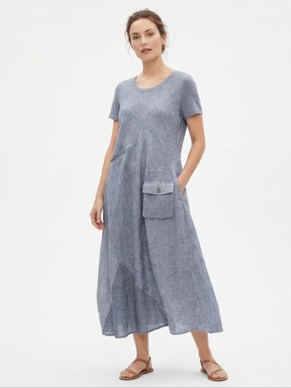 Carre Noir Womens XL Blue 100% Linen Short Sleeve Lagenlook Maxi Dress